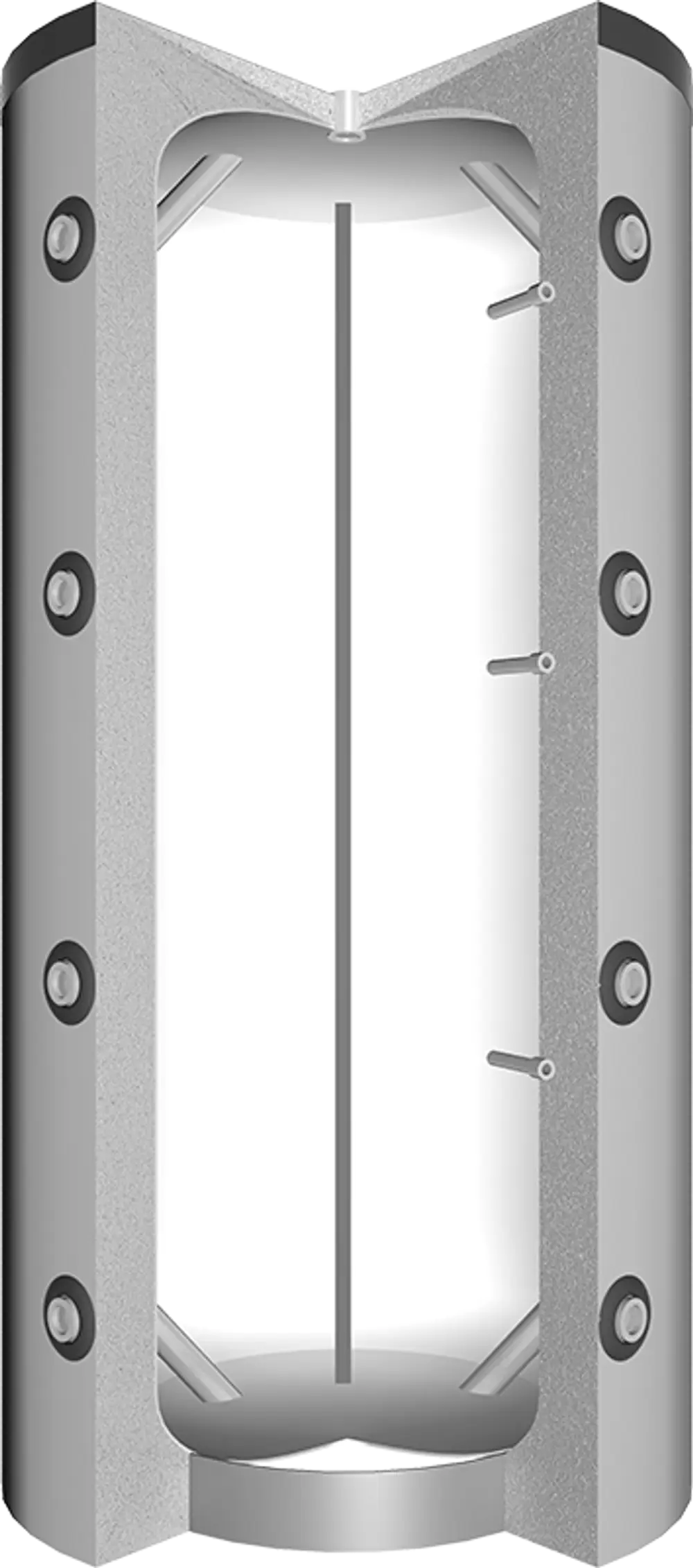 Hoher Pufferspeicher von Juratherm mit einem klaren zylindrischen Design, ohne Wärmetauscher, ausgestattet mit mehreren Anbaupunkten für technische Anschlüsse.